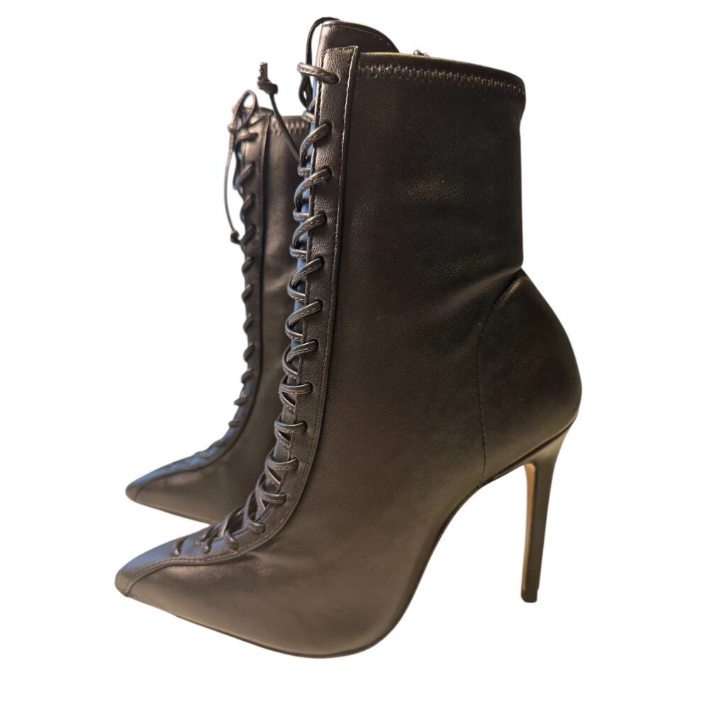 Schutz Black Nappa Leather Lace-Up Stiletto Ankle Boots | Size 5B Pointed Toe
